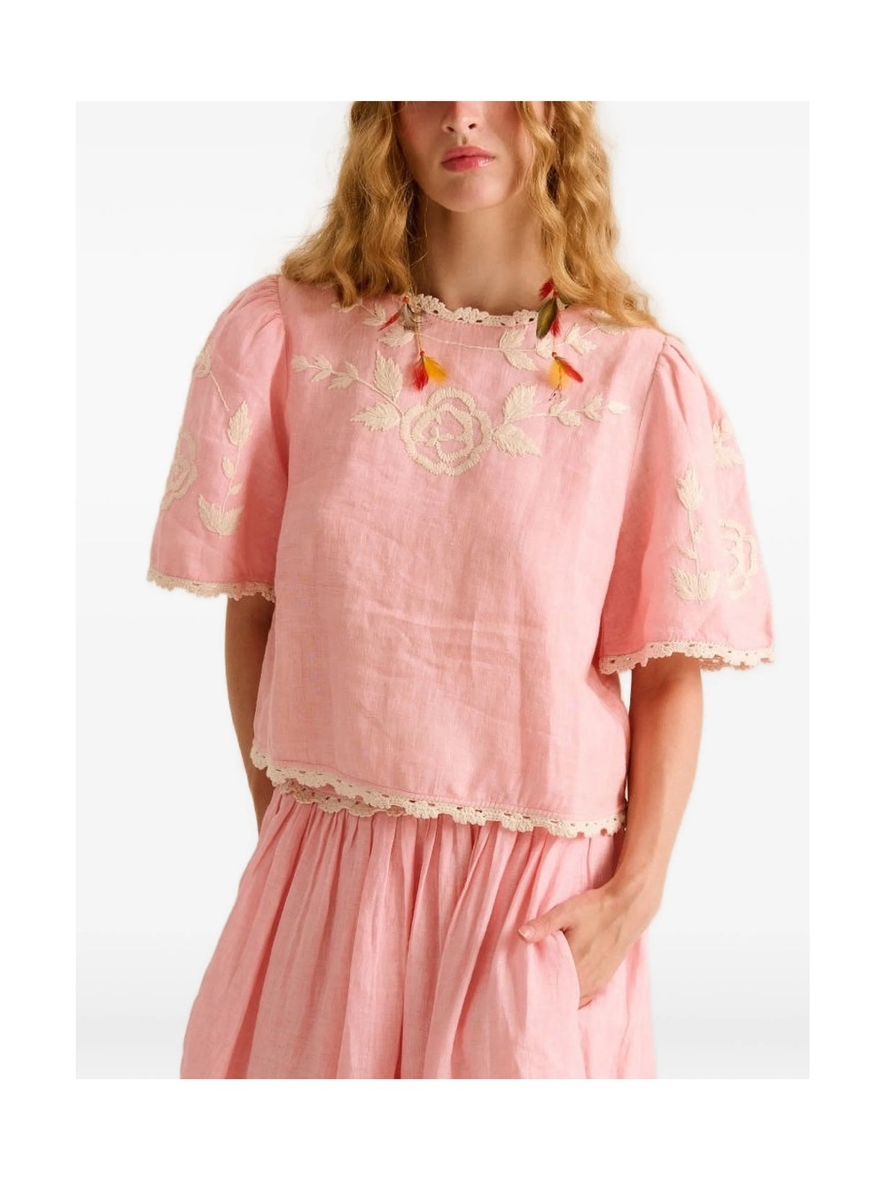 Carolina K NWT Pink Embroidered Linen Top with Crochet Trim